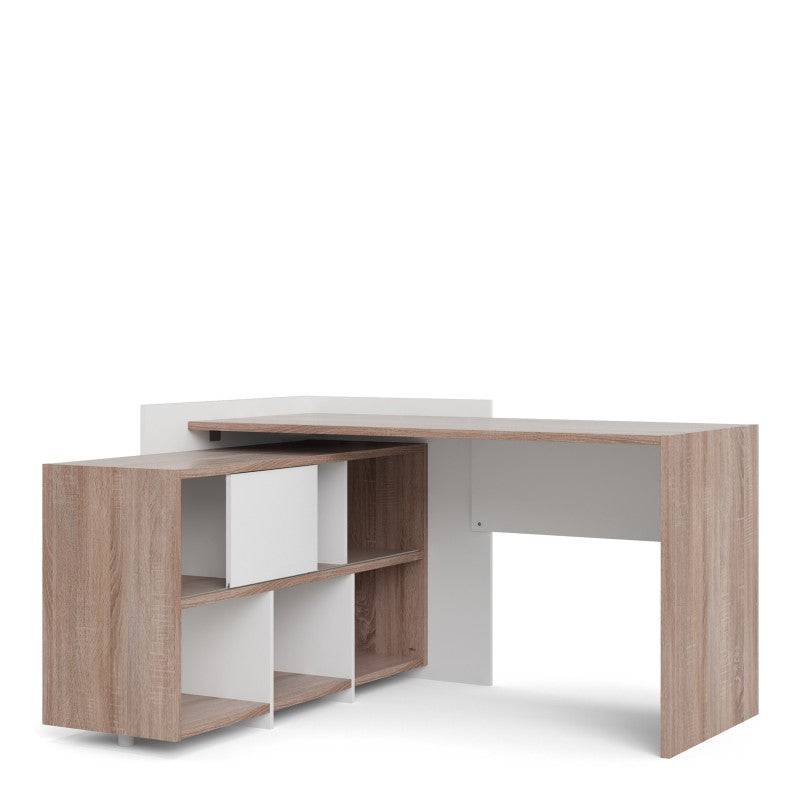 Function Plus Unit Desk with 6 Shelf Bookcase in White and Truffle Oak - Price Crash Furniture