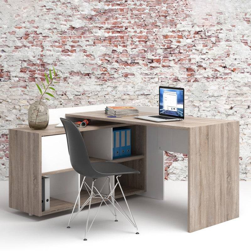 Function Plus Unit Desk with 6 Shelf Bookcase in White and Truffle Oak - Price Crash Furniture