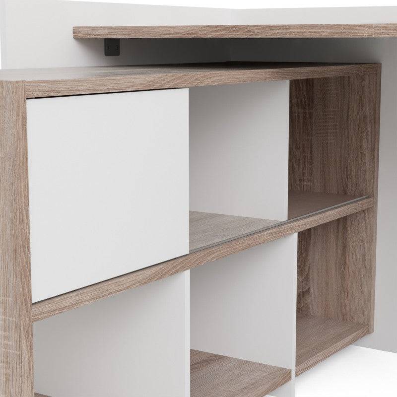 Function Plus Unit Desk with 6 Shelf Bookcase in White and Truffle Oak - Price Crash Furniture
