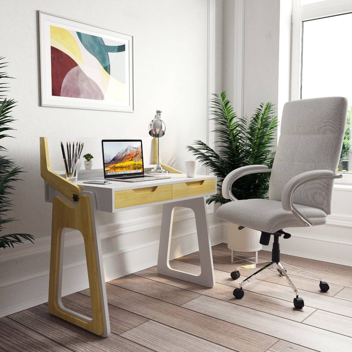 Palmer Sit or Stand Adjustable Laptop Desk in Gloss White and Oak by Alphason - Price Crash Furniture