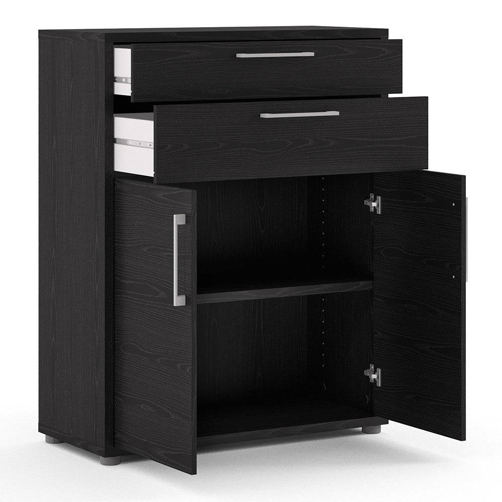 Prima Bookcase 2 Shelves with 2 Drawers and 2 Doors in Black Woodgrain - Price Crash Furniture