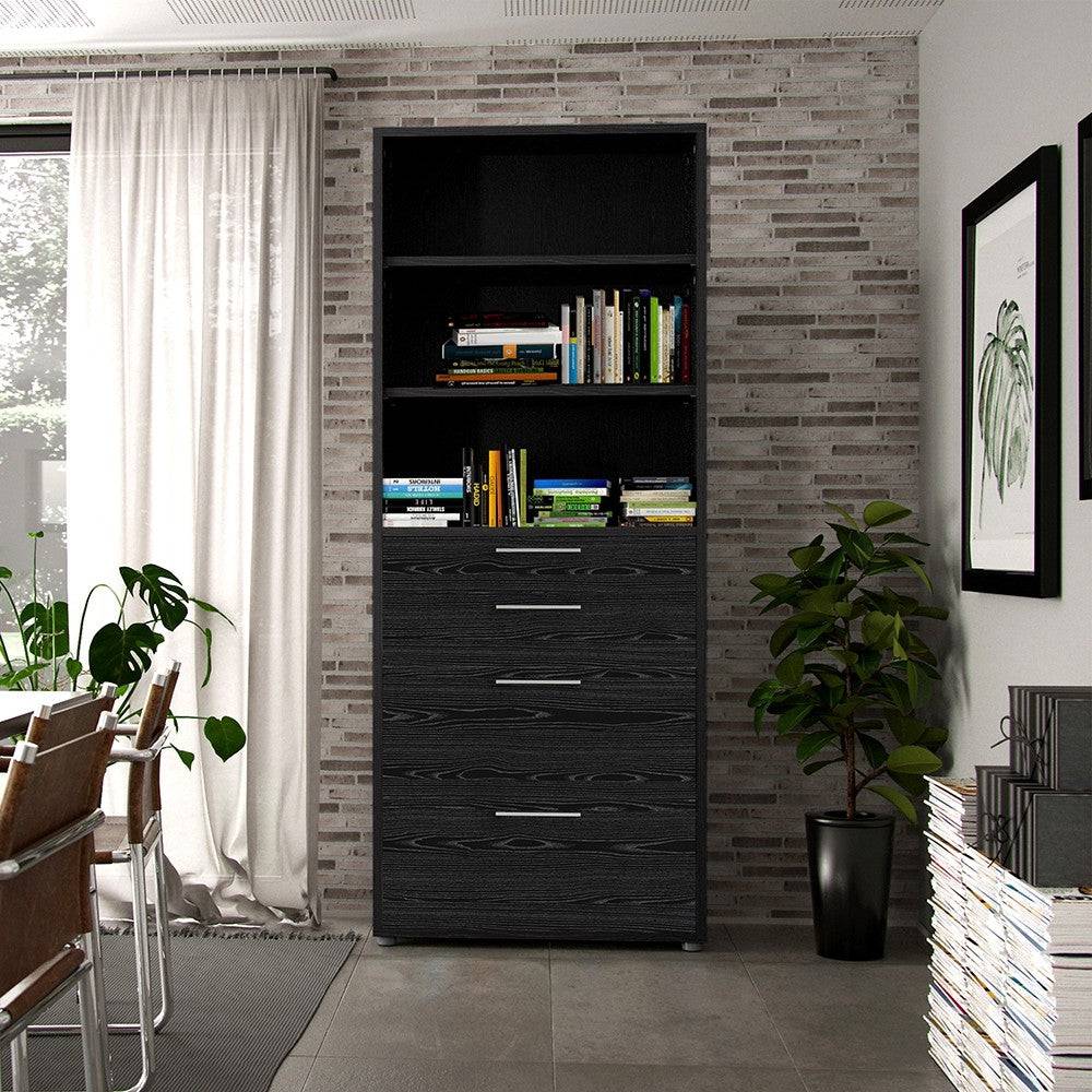 Prima Bookcase 3 Shelves with 2 Drawers + 2 File Drawers in Black Woodgrain - Price Crash Furniture