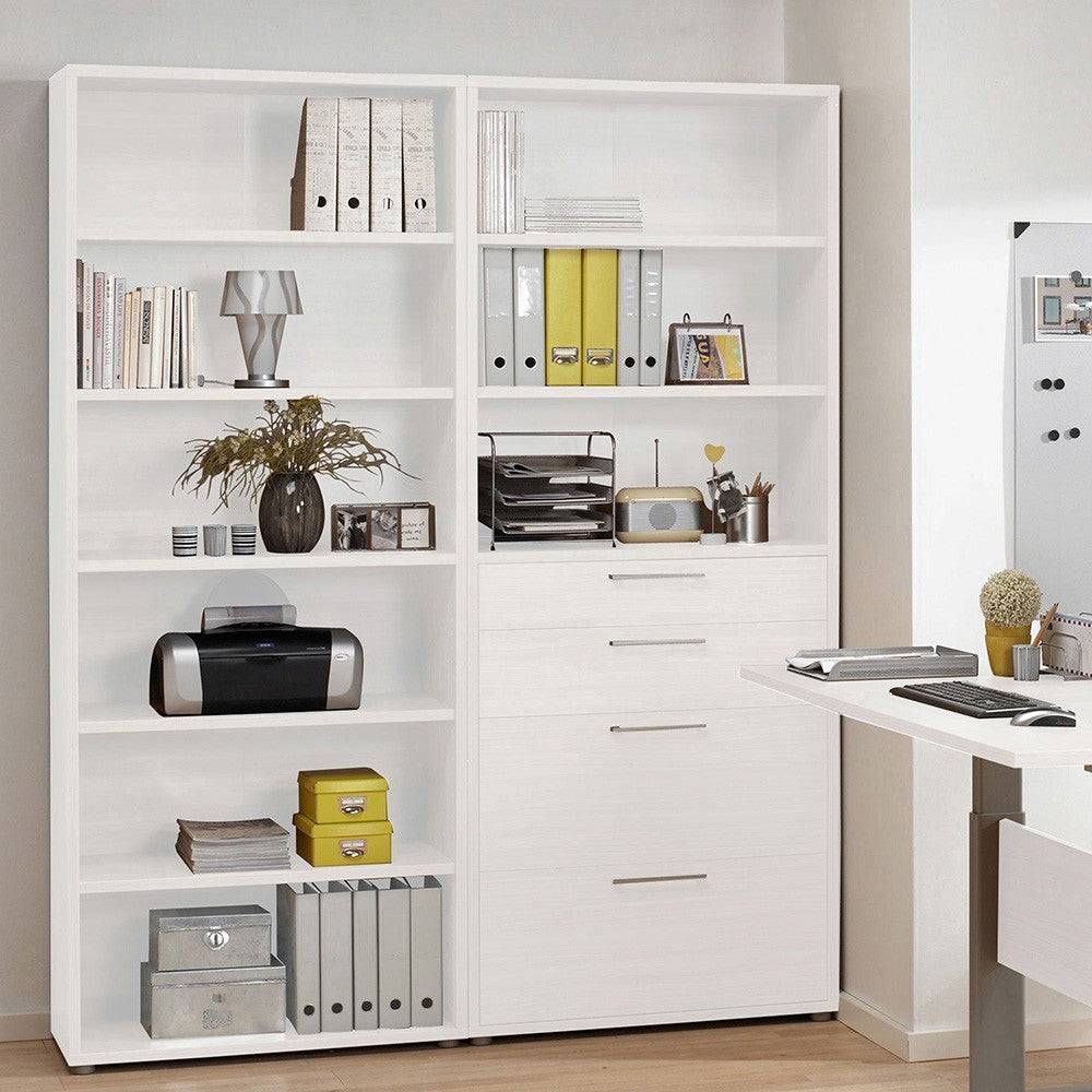 Prima Bookcase 3 Shelves with 2 Drawers + 2 File Drawers in White - Price Crash Furniture