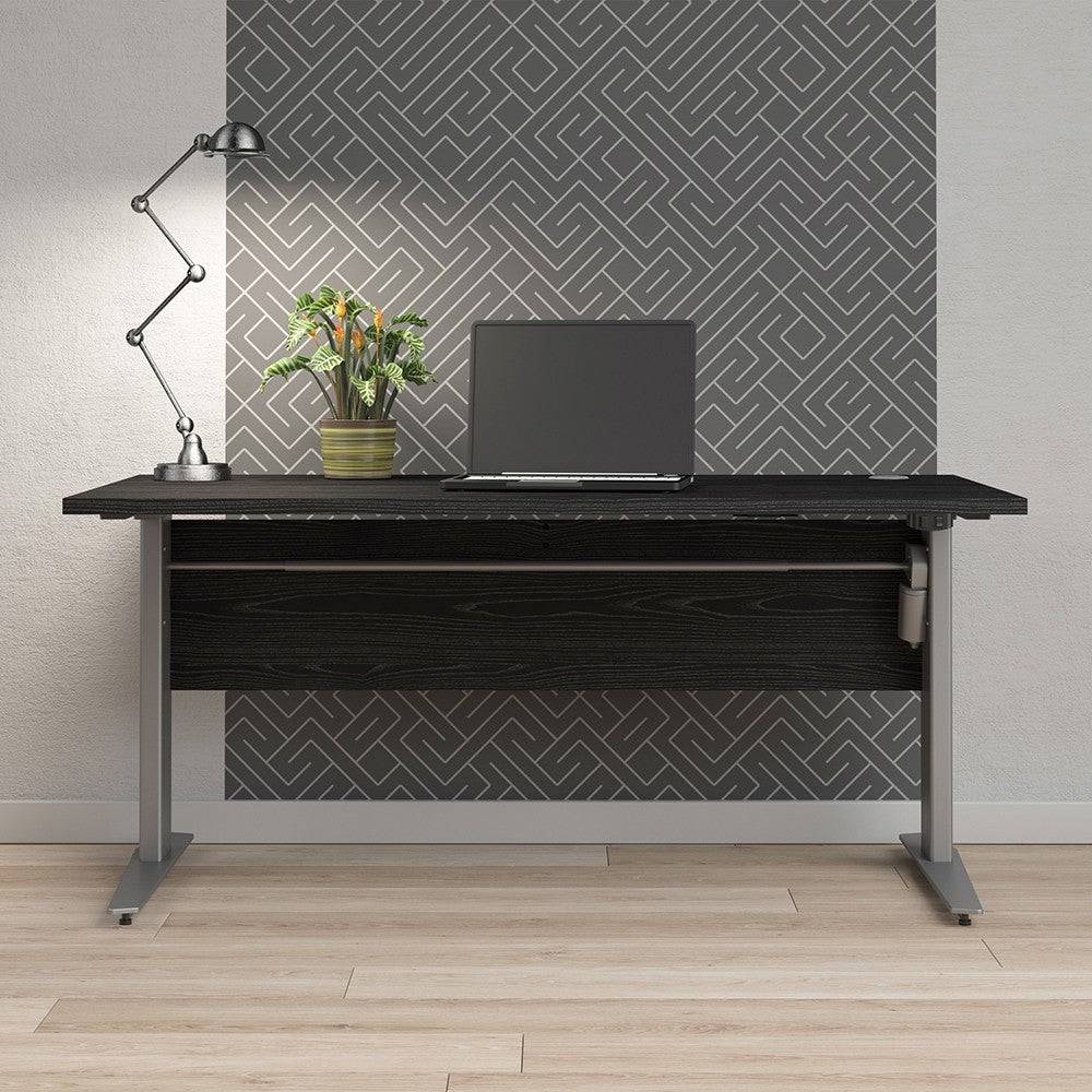 Prima Desk 150 cm with Electric Height Adjust for Standing or Sitting with Silver Grey Legs in Black Woodgrain - Price Crash Furniture