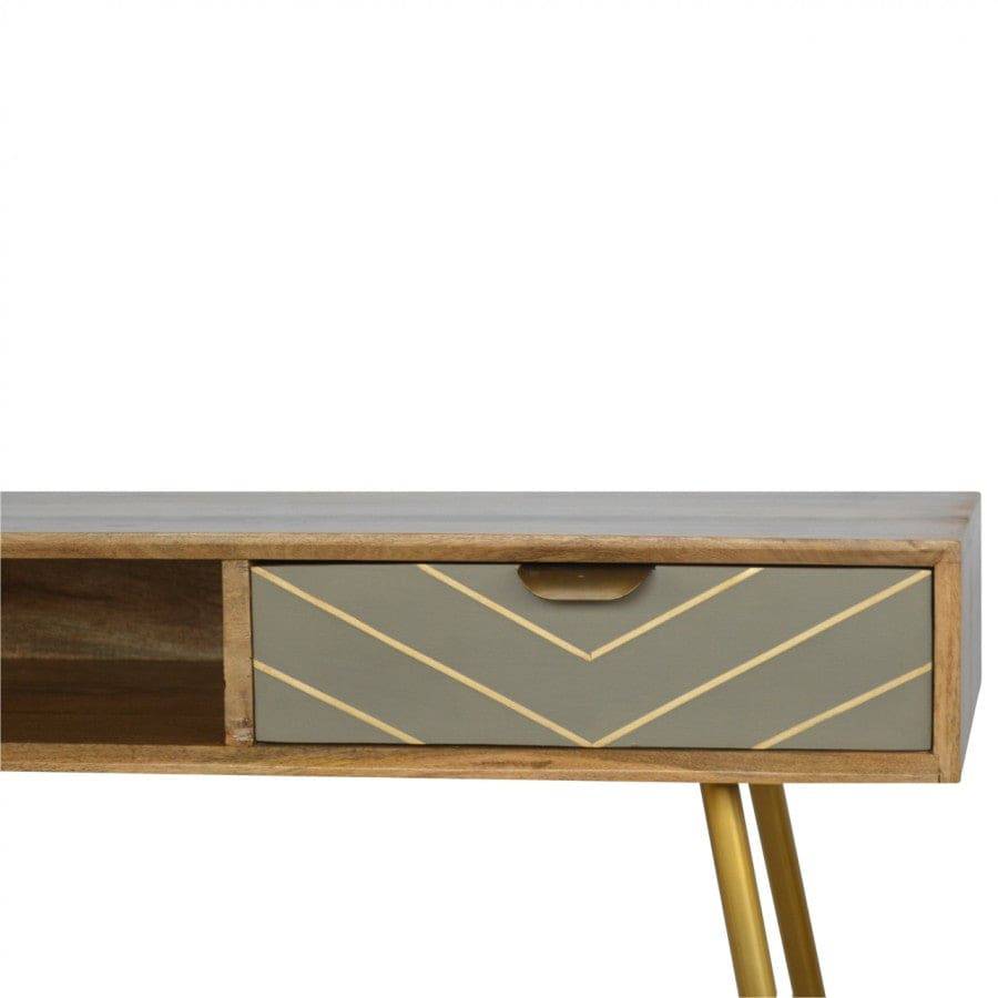 Sleek cement grey Nordic Style Laptop Desk with Brass Inlay Drawer - Price Crash Furniture