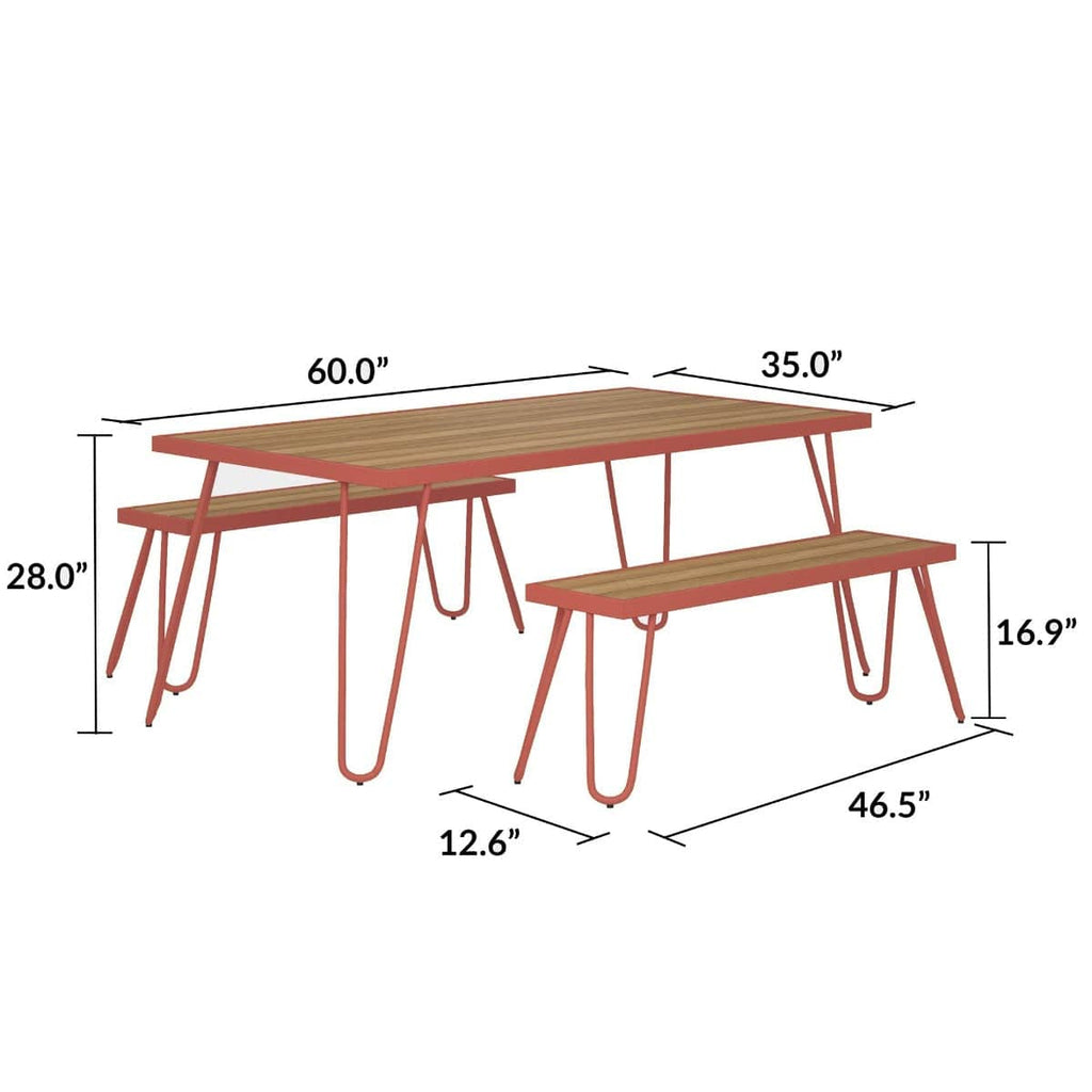 3 Piece Garden Set Novogratz Paulette Picnic Table + 2 Benches Red - Price Crash Furniture