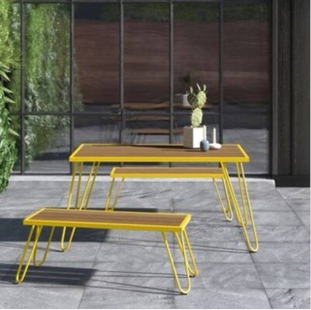 3 Piece Garden Set Novogratz Paulette Picnic Table + 2 Benches Yellow - Price Crash Furniture