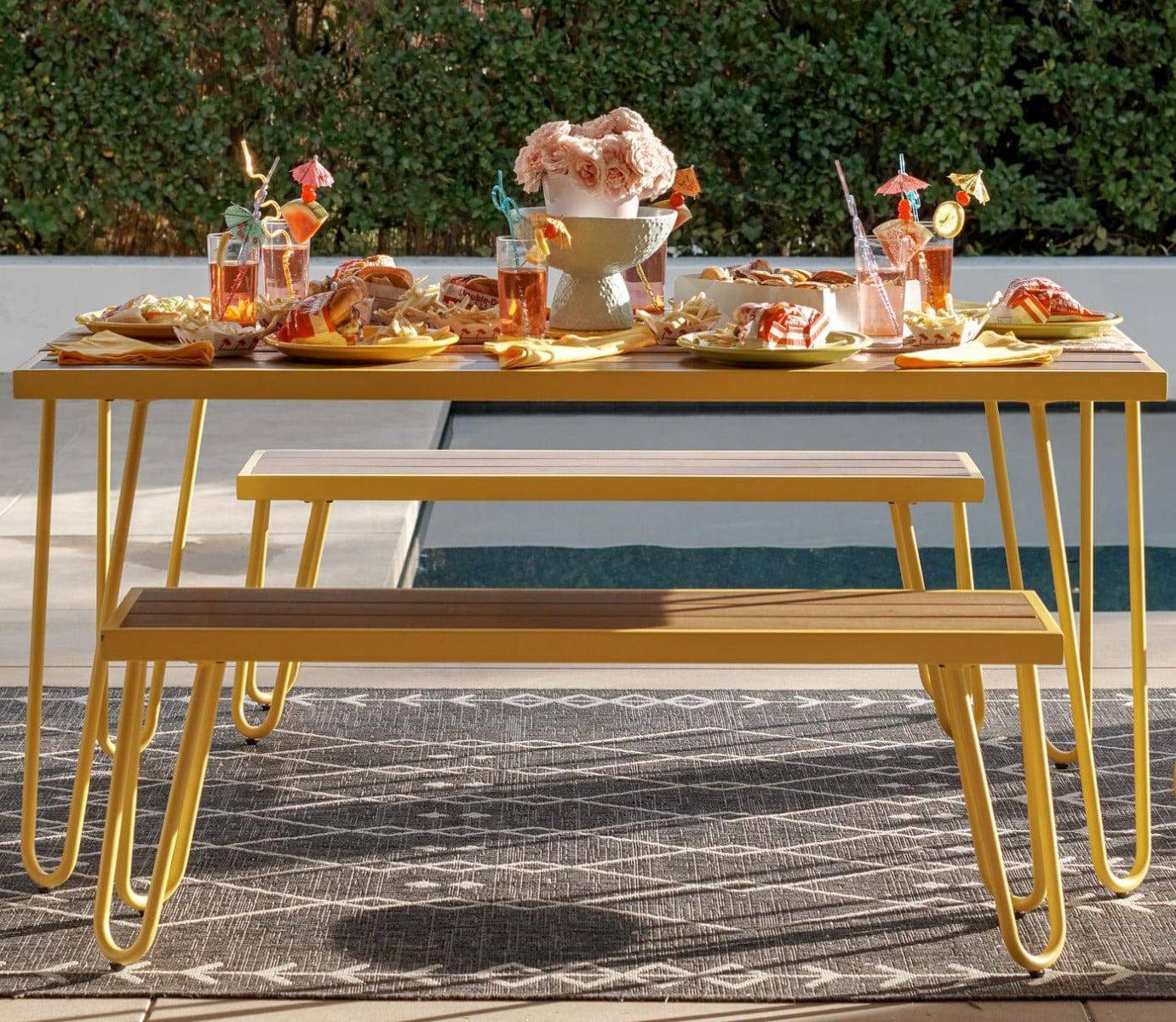 3 Piece Garden Set Novogratz Paulette Picnic Table + 2 Benches Yellow - Price Crash Furniture