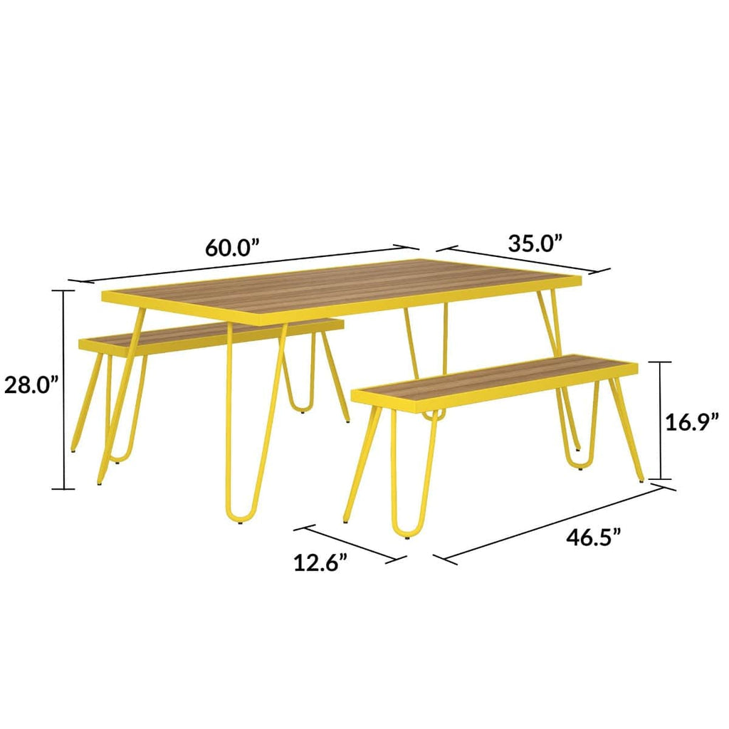 3 Piece Garden Set Novogratz Paulette Picnic Table + 2 Benches Yellow - Price Crash Furniture
