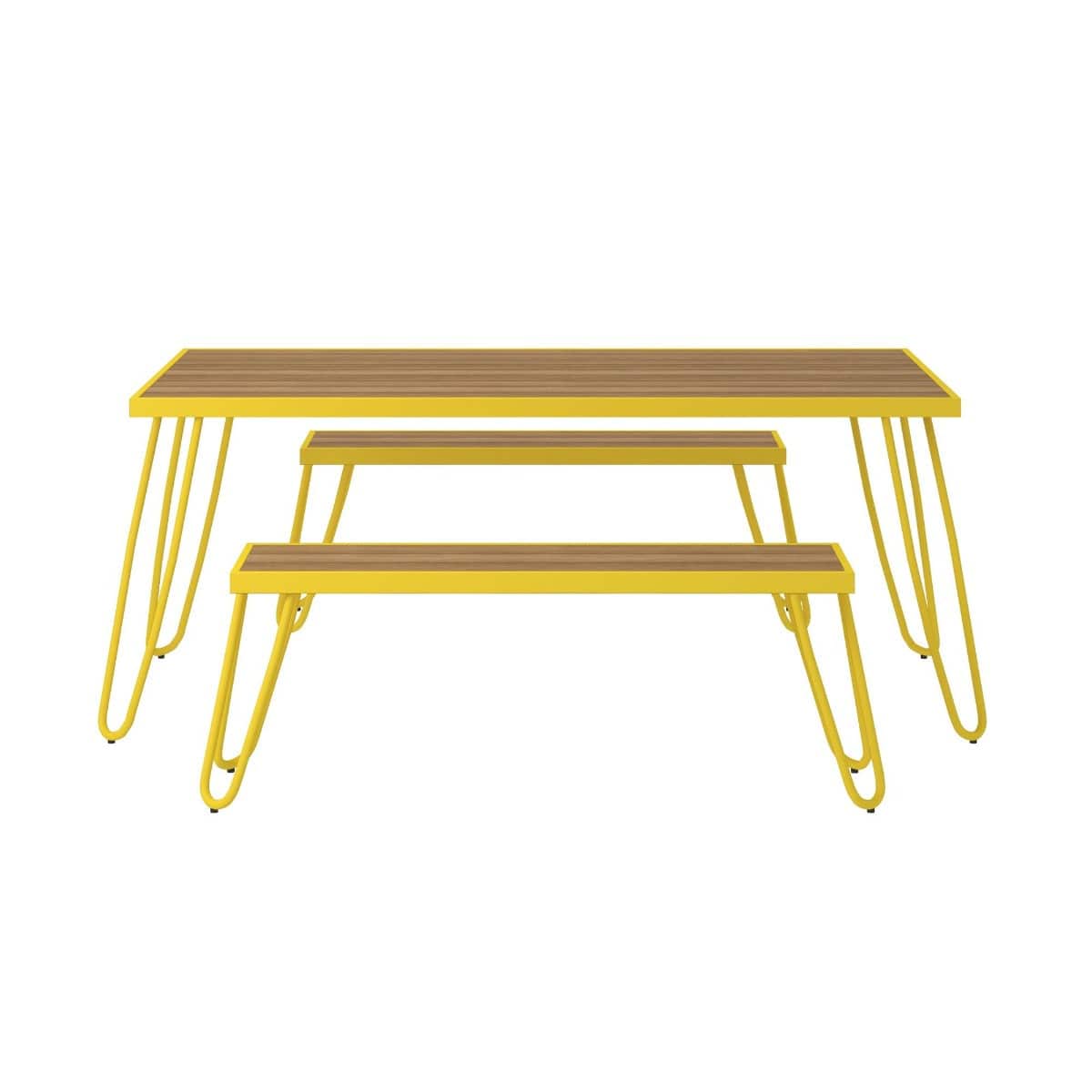 3 Piece Garden Set Novogratz Paulette Picnic Table + 2 Benches Yellow - Price Crash Furniture