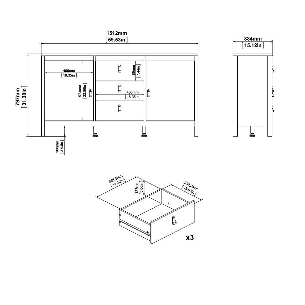 Barcelona Large Wide Sideboard Buffet Unit with 2 Doors + 3 Drawers in Matt Black - Price Crash Furniture