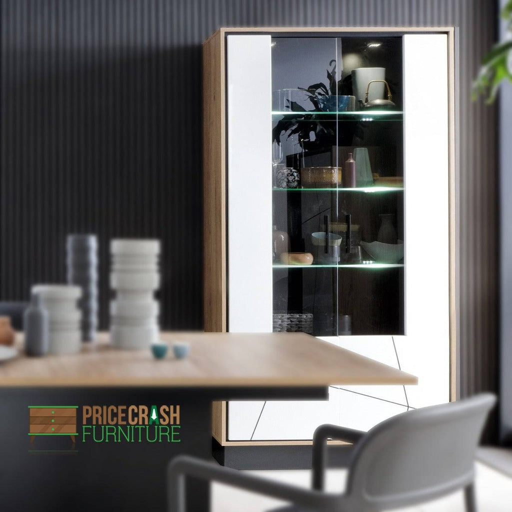 Brolo Tall Wide Glazed Display Cabinet With Walnut And Dark Panel Finish - Price Crash Furniture