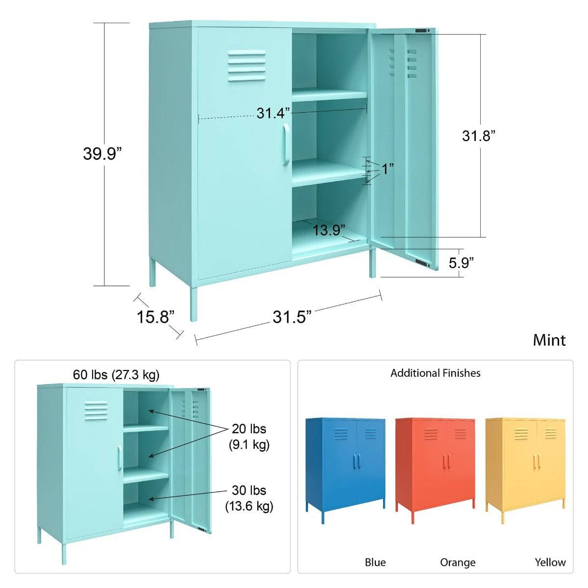 Cache 2 Door Metal Locker Accent Cabinet in Mint by Dorel Novogratz - Price Crash Furniture