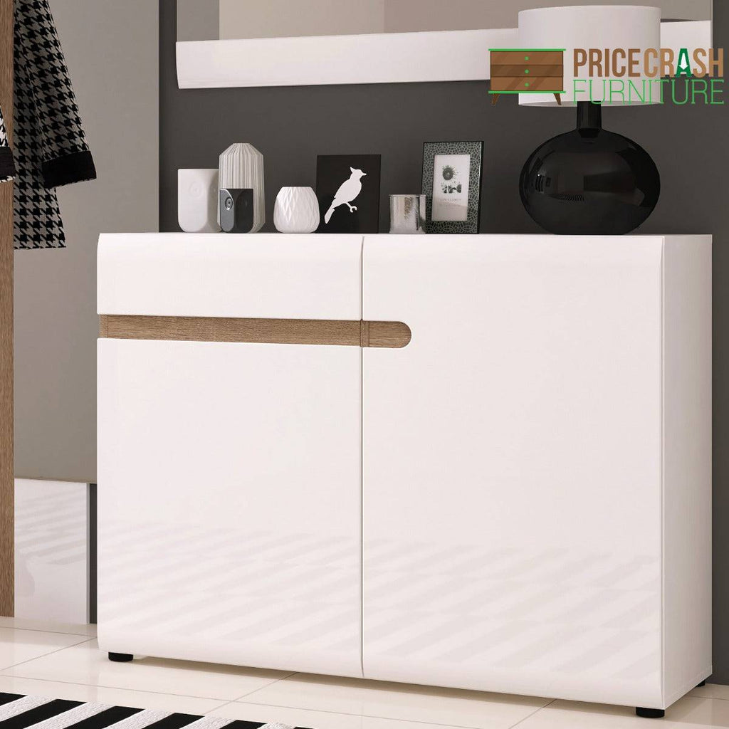 Chelsea 1 Drawer 2 Door 109.5cm Sideboard in White Gloss with Truffle Oak - Price Crash Furniture