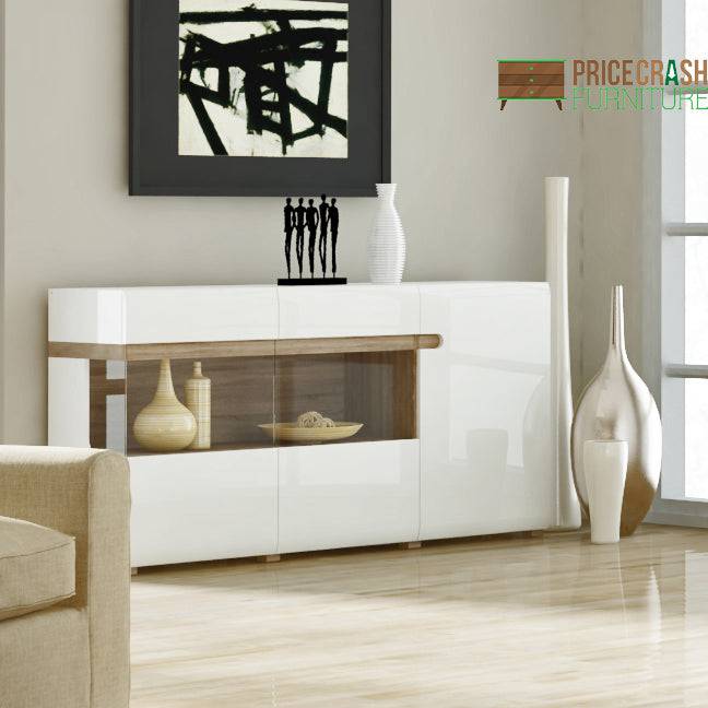 Chelsea 3 Door Glazed Sideboard in White Gloss with Truffle Oak - Price Crash Furniture