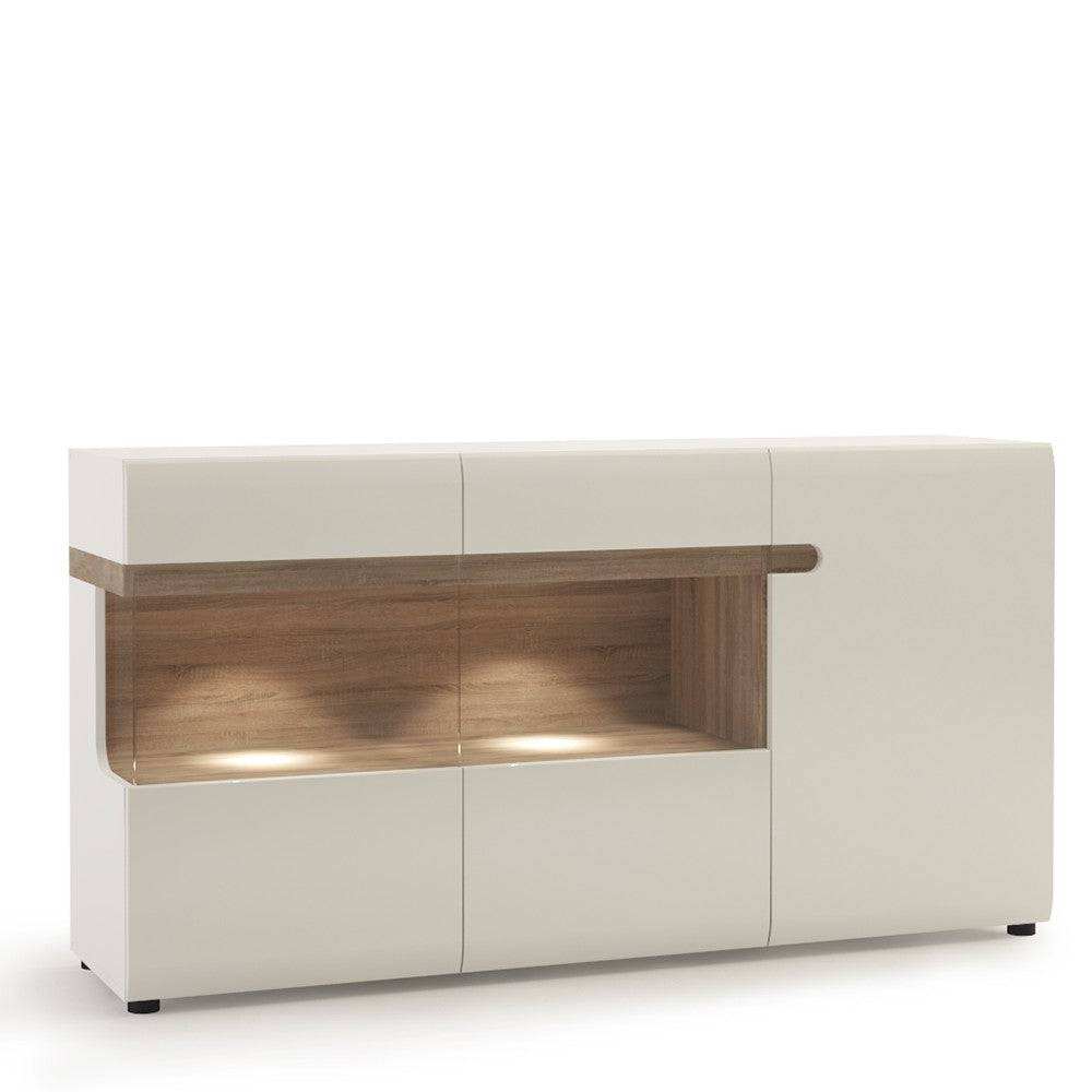 Chelsea 3 Door Glazed Sideboard in White Gloss with Truffle Oak - Price Crash Furniture