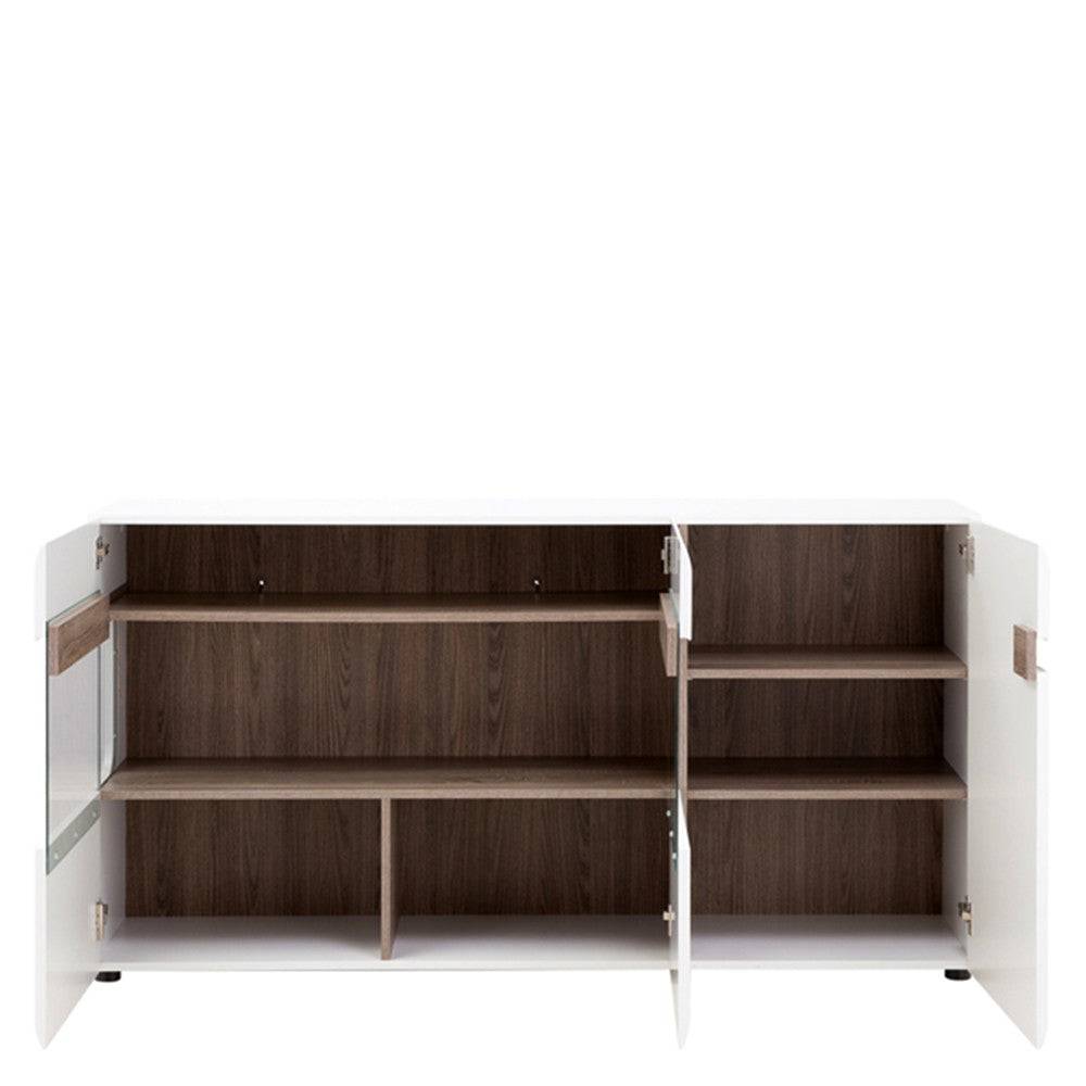 Chelsea 3 Door Glazed Sideboard in White Gloss with Truffle Oak - Price Crash Furniture