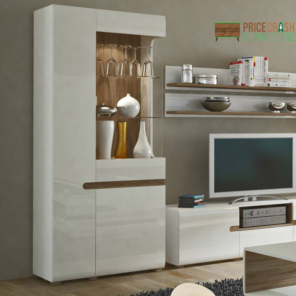 Chelsea Living Tall Glazed Wide Display Unit (LHD) in White Gloss with Truffle Oak - Price Crash Furniture