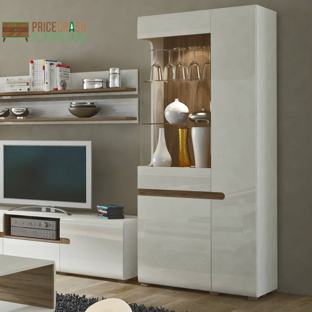 Chelsea Living Tall Glazed Wide Display Unit (RHD) in White Gloss with Truffle Oak - Price Crash Furniture