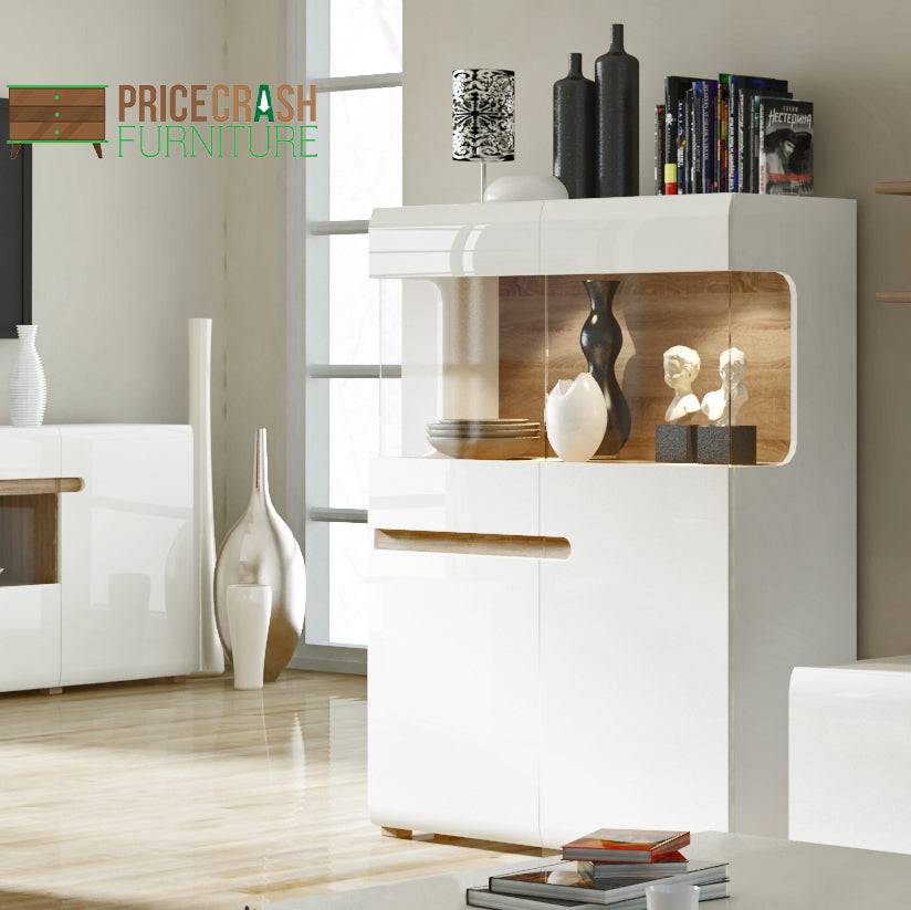 Chelsea Low Display Cabinet 109cm Wide in White Gloss with Truffle Oak - Price Crash Furniture