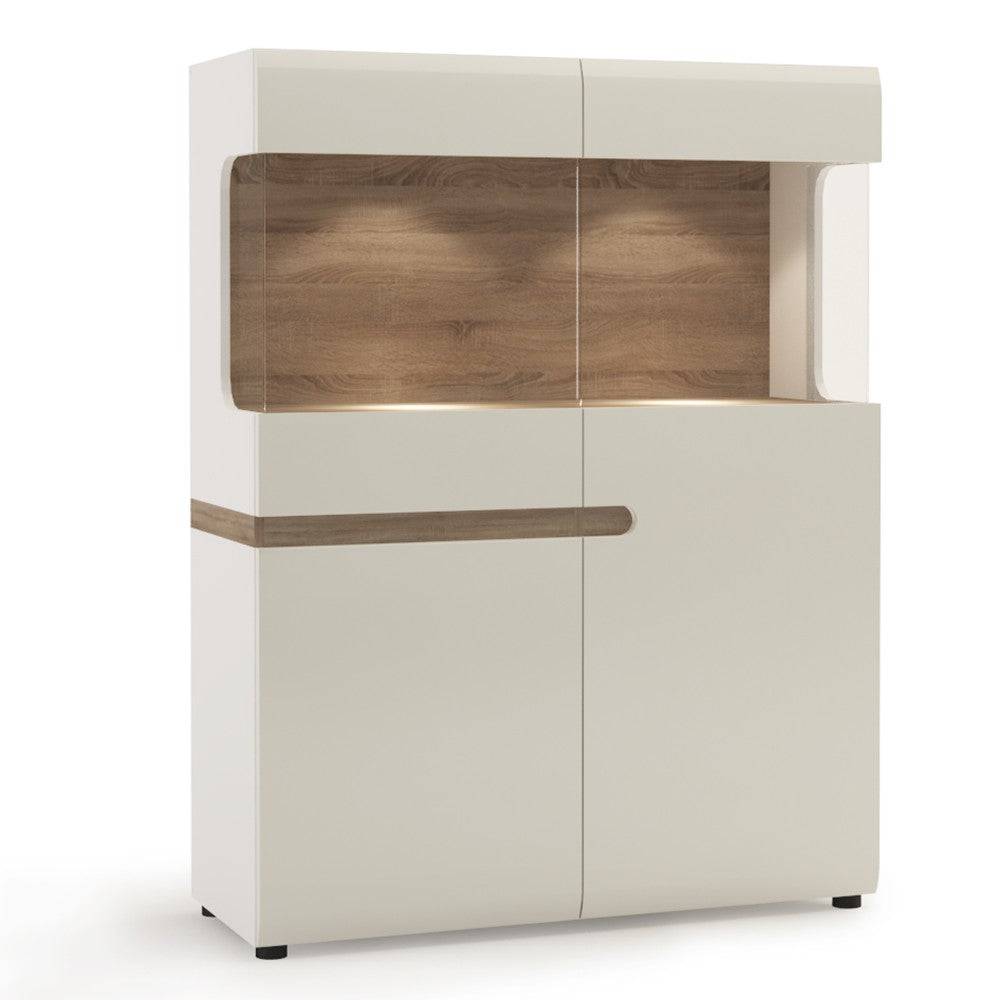 Chelsea Low Display Cabinet 109cm Wide in White Gloss with Truffle Oak - Price Crash Furniture