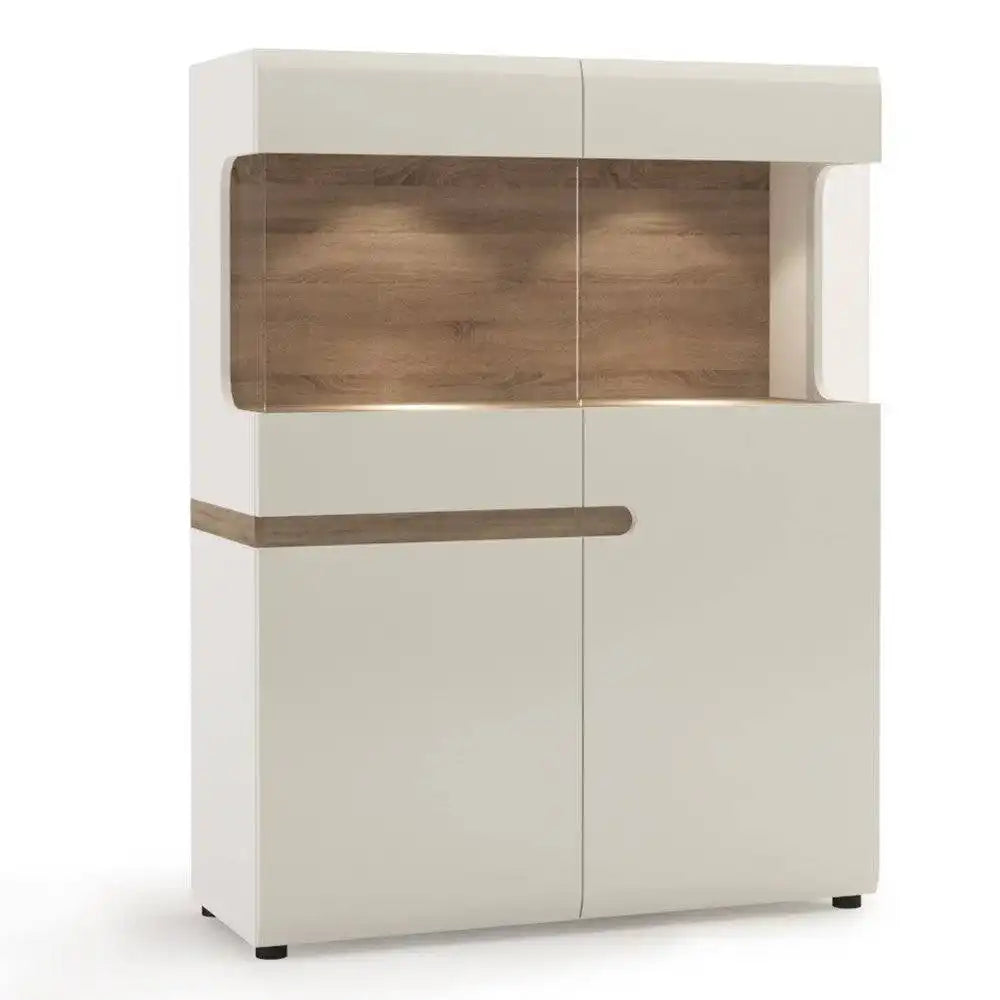 Chelsea Low Display Cabinet 109cm Wide in White Gloss with Truffle Oak - Price Crash Furniture
