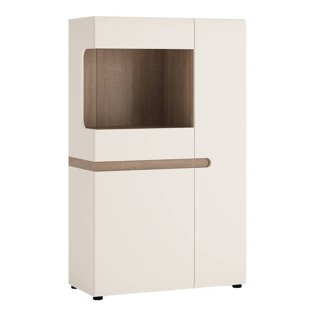 Chelsea Low Display Cabinet 85cm Wide in White Gloss with Truffle Oak - Price Crash Furniture