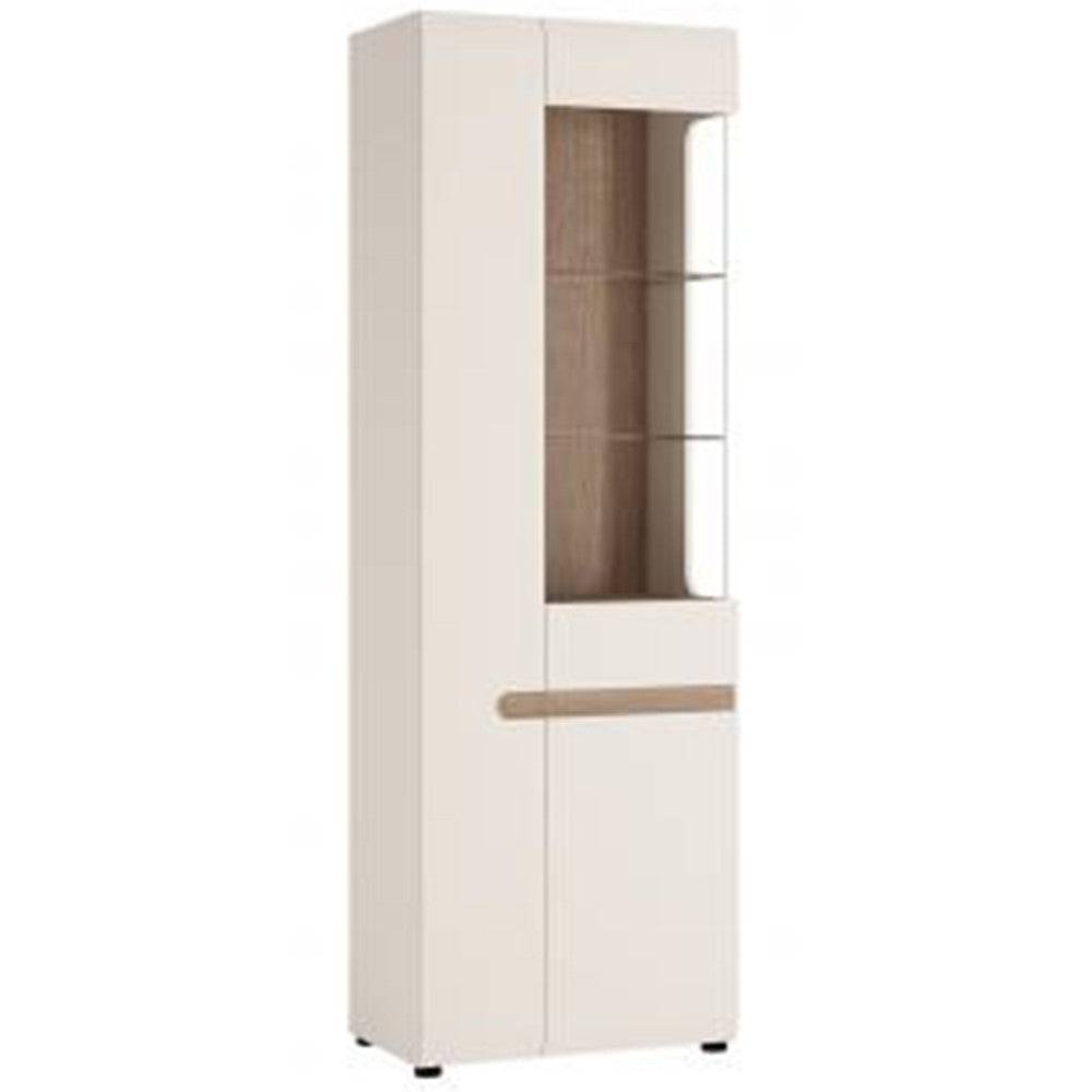 Chelsea Tall Glazed Narrow Display Unit (LHD) in White Gloss with Truffle Oak - Price Crash Furniture