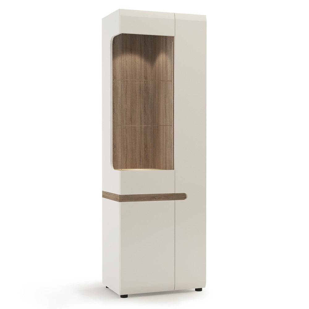 Chelsea Tall Glazed Narrow Display Unit (RHD) in White Gloss with Truffle Oak - Price Crash Furniture