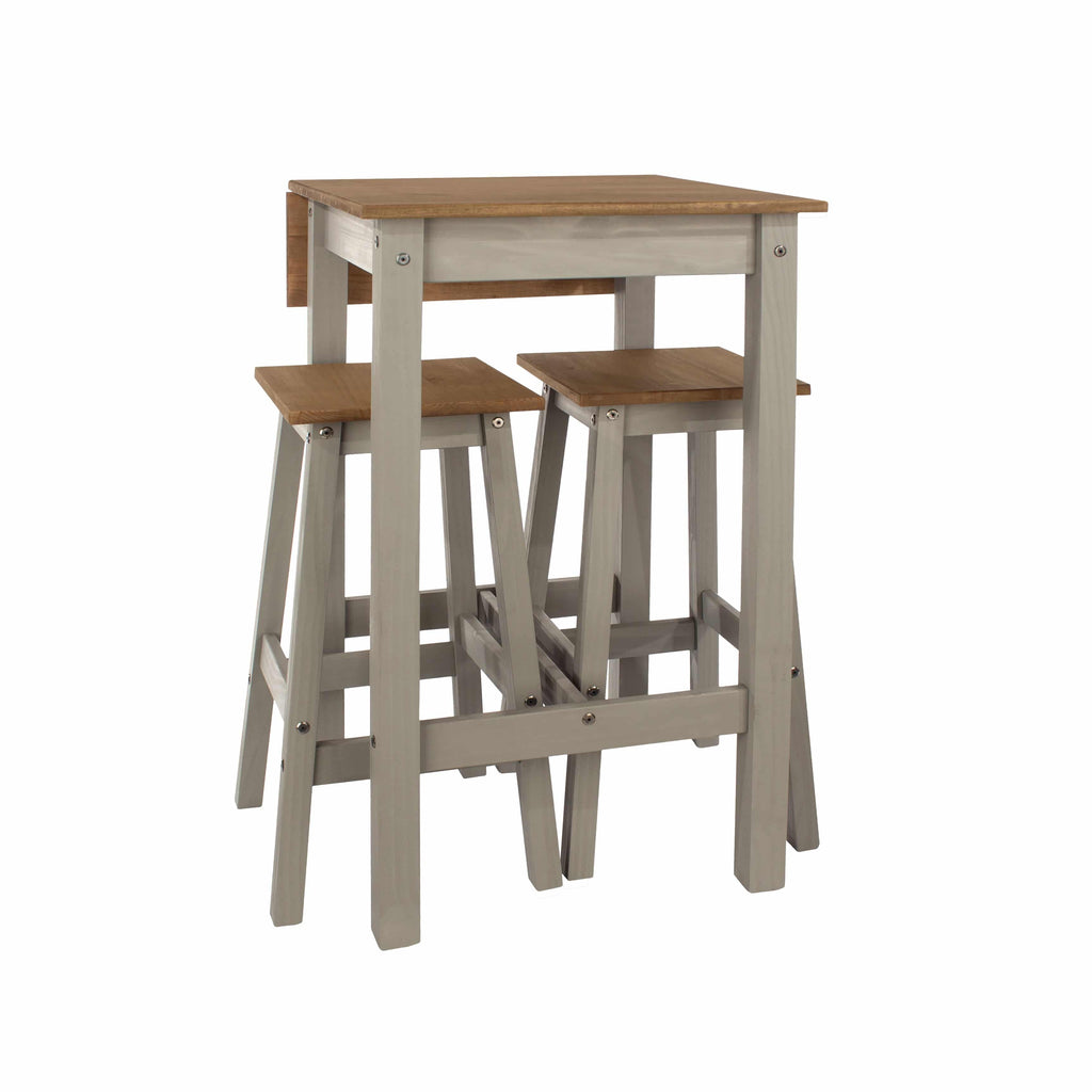 Core Corona Grey Washed Pine Drop Leaf 2 Seater Breakfast Bar Table & 2 High Stools - Price Crash Furniture