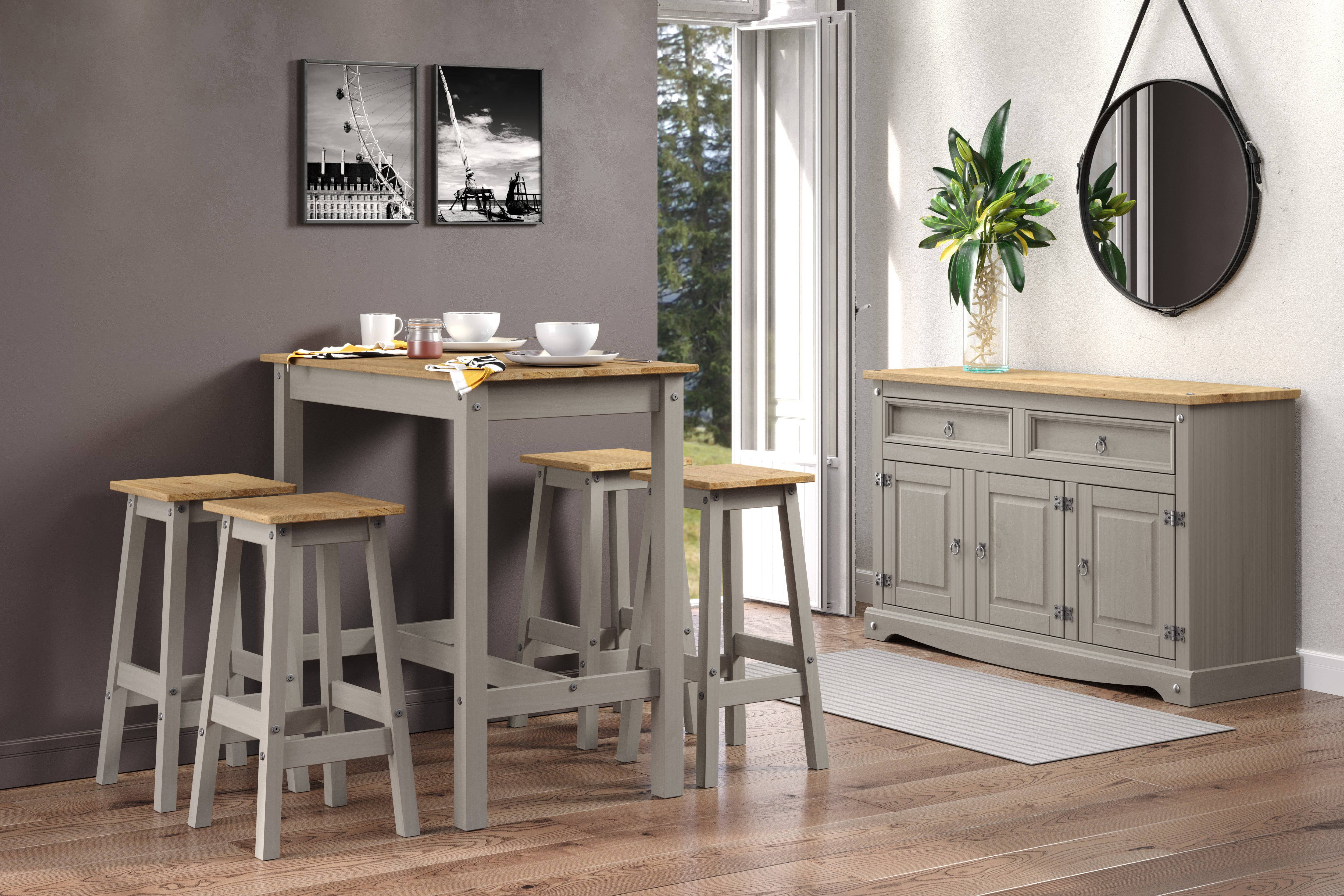 Core Corona Grey Washed Pine Linea Breakfast Table & 4 high stool SET - Price Crash Furniture