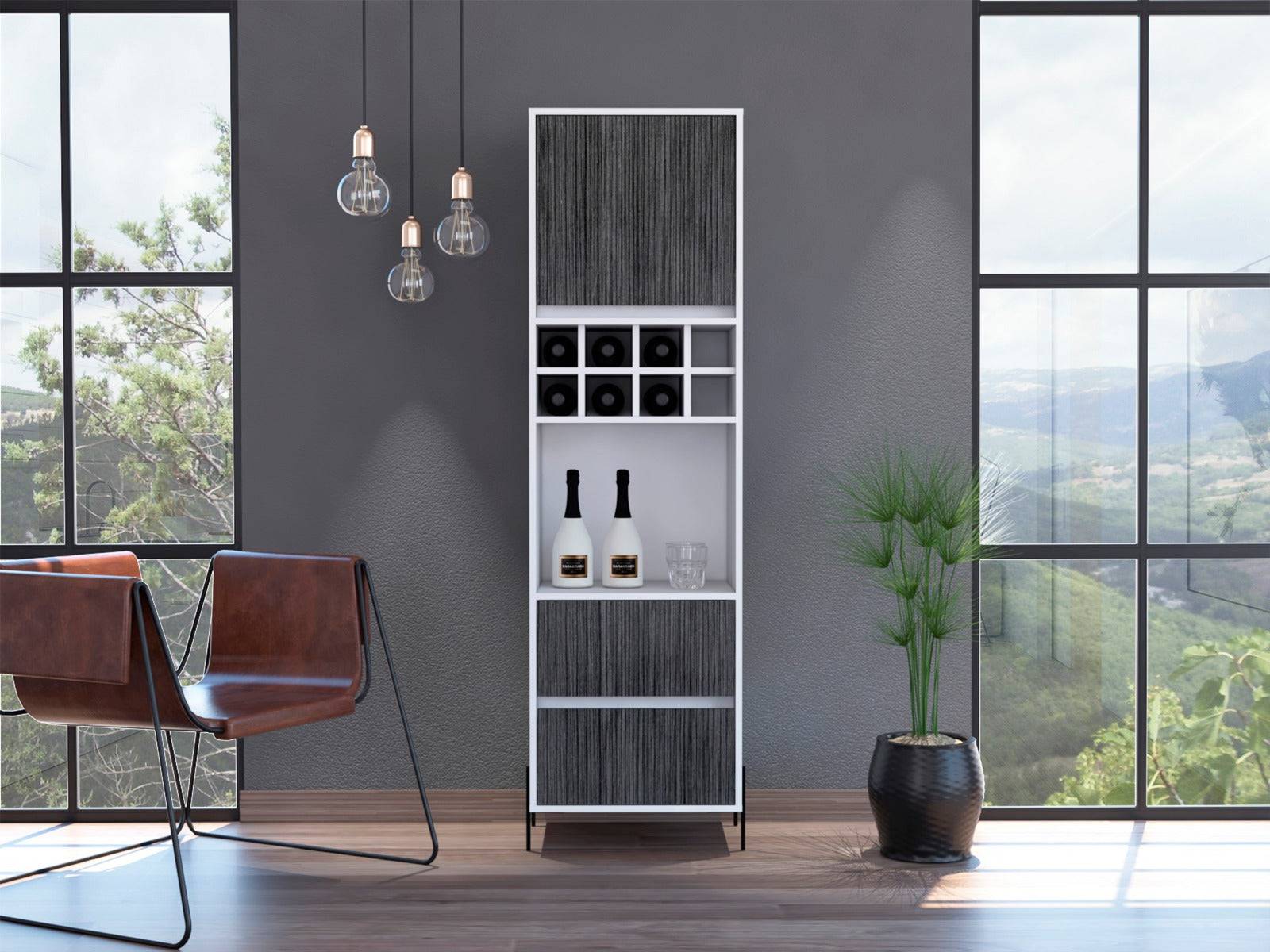 Core Dallas Tall Bar Cabinet in White & Carbon Grey Oak Effect - Price Crash Furniture