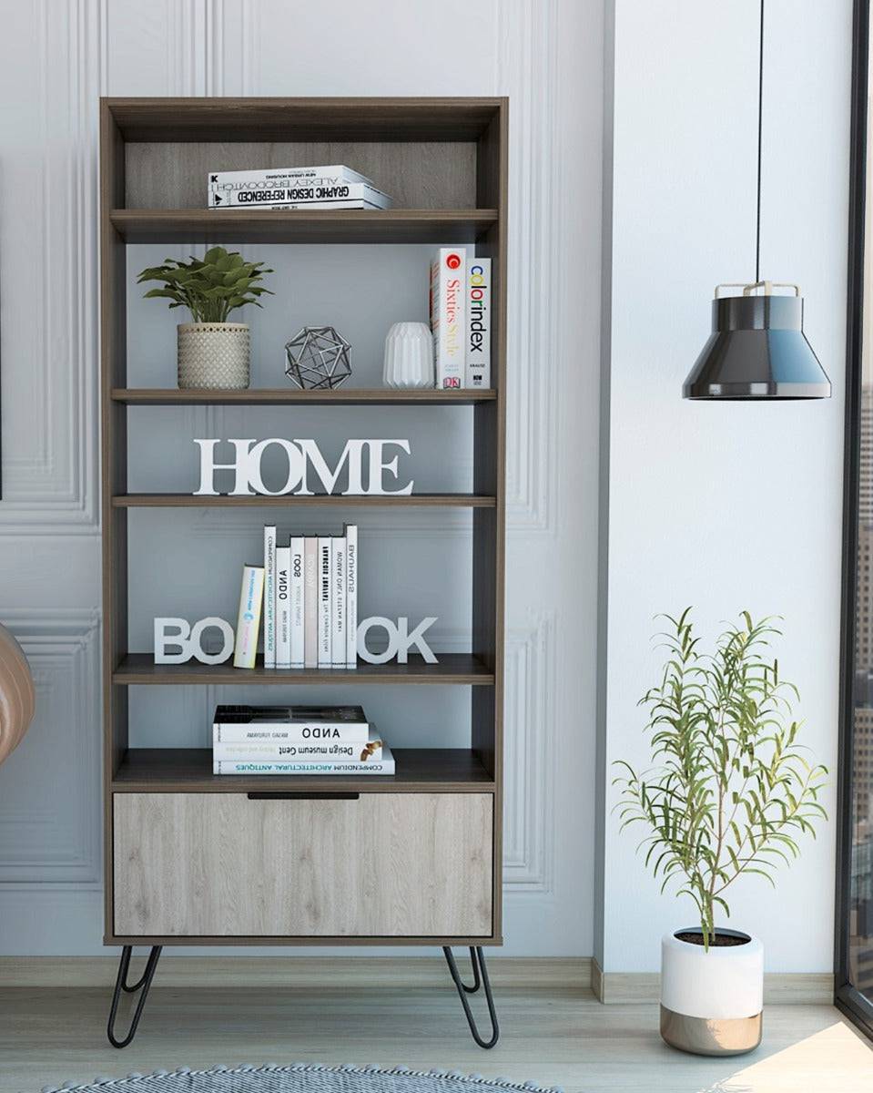 Core Nevada Display Bookcase with Door in Grey & Smoked Oak Effect - Price Crash Furniture