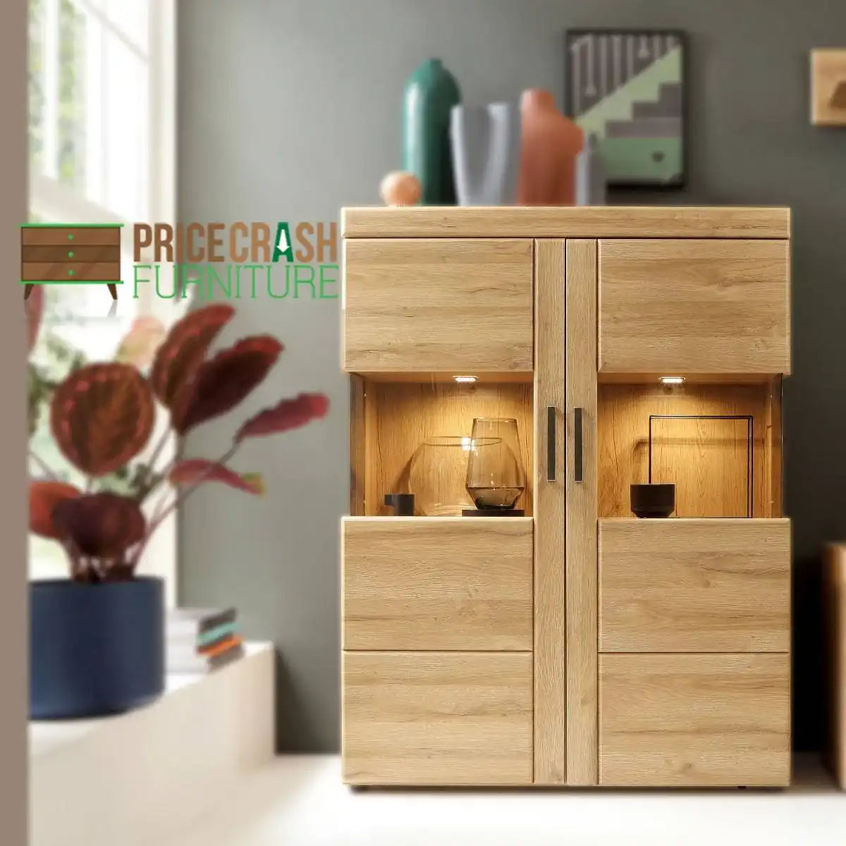 Cortina 2 Door Low Wide Display Cabinet In Grandson Oak - Price Crash Furniture