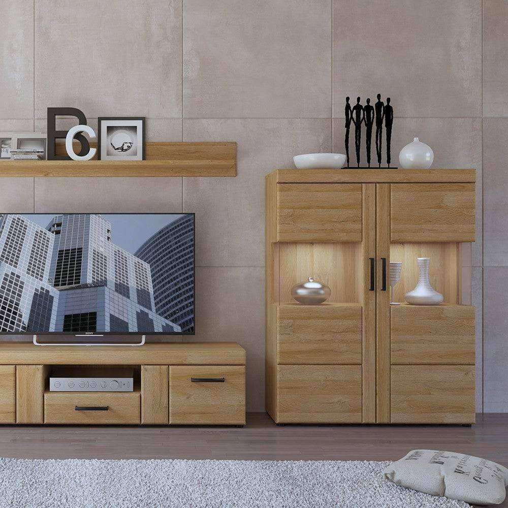 Cortina 2 Door Low Wide Display Cabinet In Grandson Oak - Price Crash Furniture