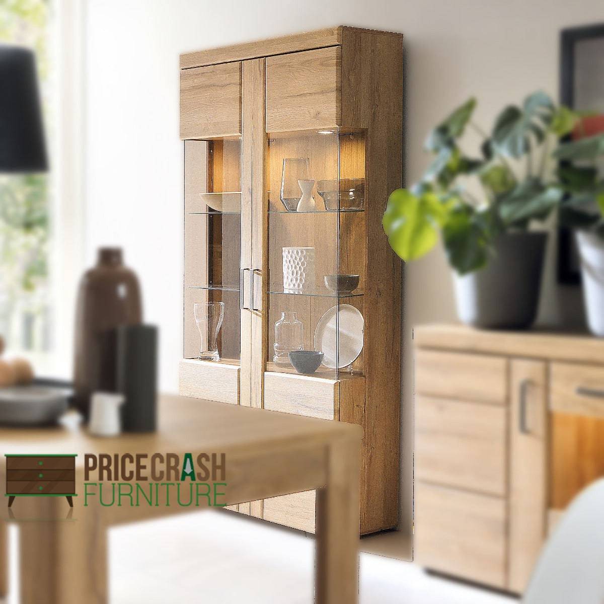 Cortina 2 Door Tall Wide Glazed Display Cabinet In Grandson Oak - Price Crash Furniture