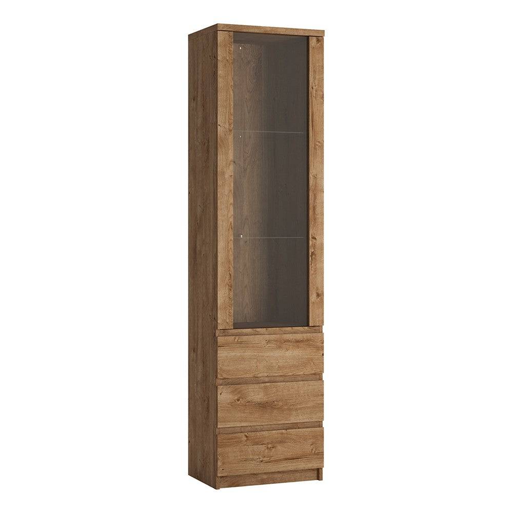 Fribo Tall Narrow 1 Door 3 Drawer Glazed Display Cabinet in Golden Oak - Price Crash Furniture