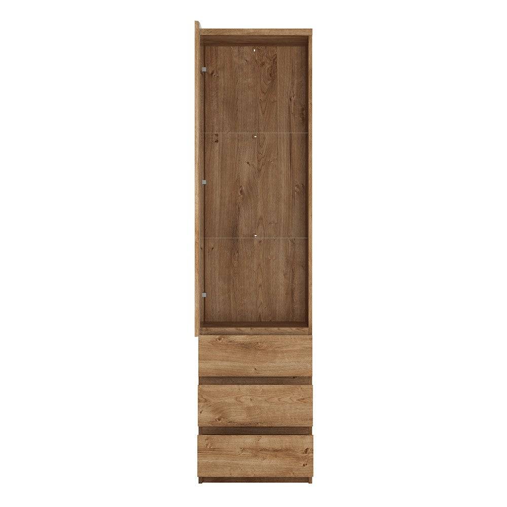 Fribo Tall Narrow 1 Door 3 Drawer Glazed Display Cabinet in Golden Oak - Price Crash Furniture