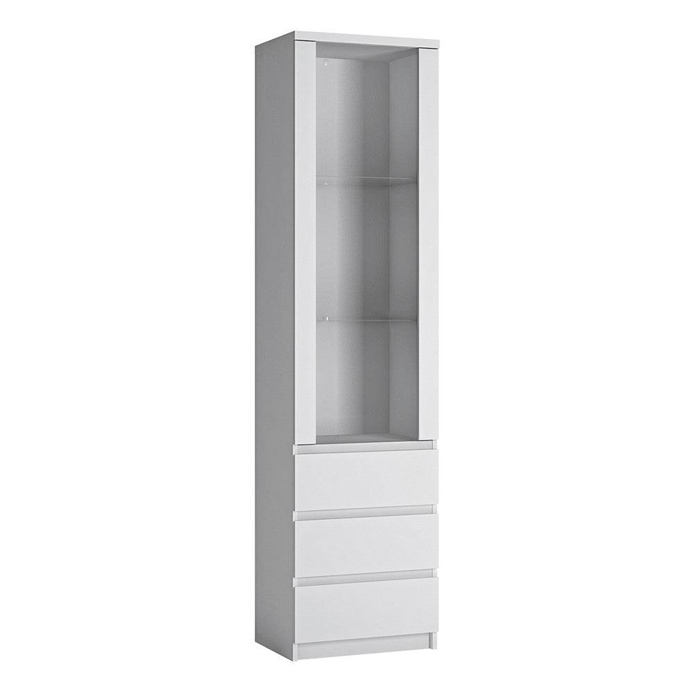 Fribo Tall Narrow 1 Door 3 Drawer Tall Glazed Display Cabinet in Alpine White - Price Crash Furniture