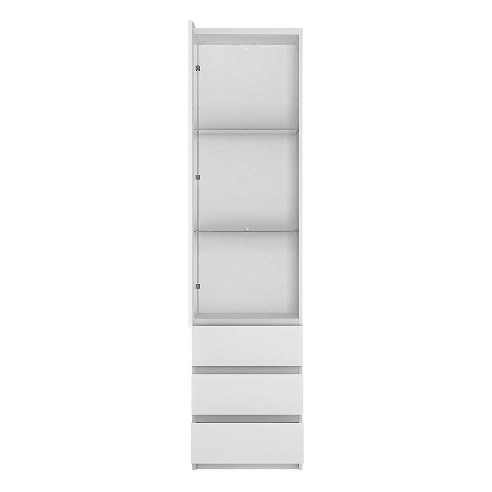 Fribo Tall Narrow 1 Door 3 Drawer Tall Glazed Display Cabinet in Alpine White - Price Crash Furniture