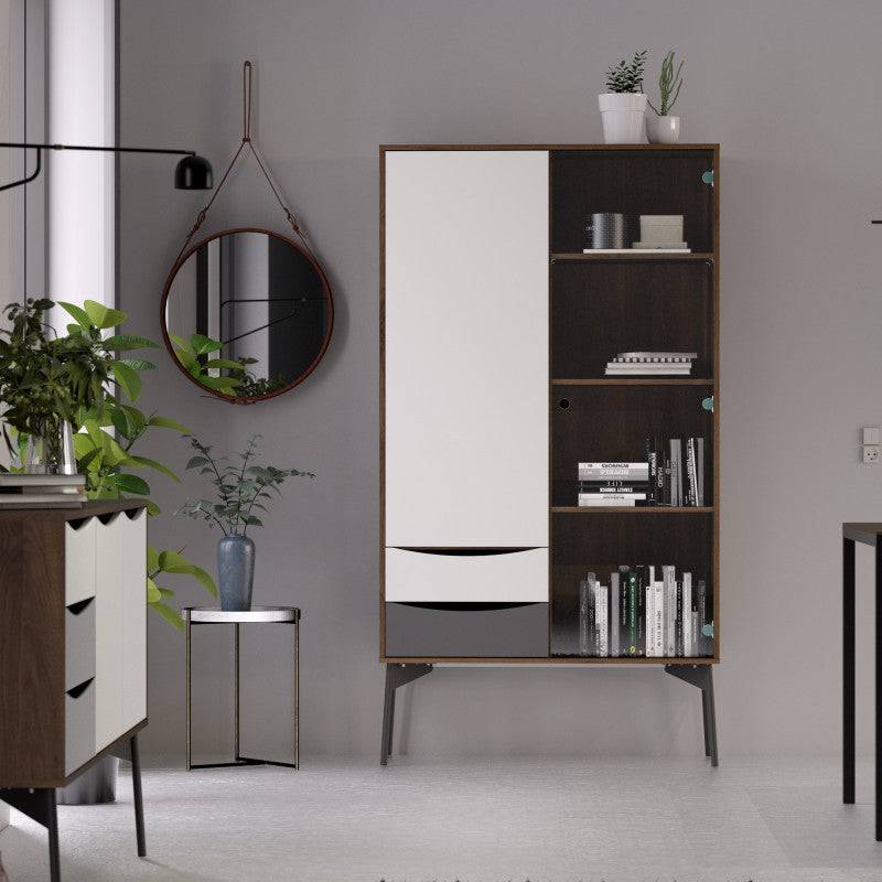 Fur China Cabinet 1 door + 1 Glass Door + 2 Drawers in Grey, White and Walnut - Price Crash Furniture