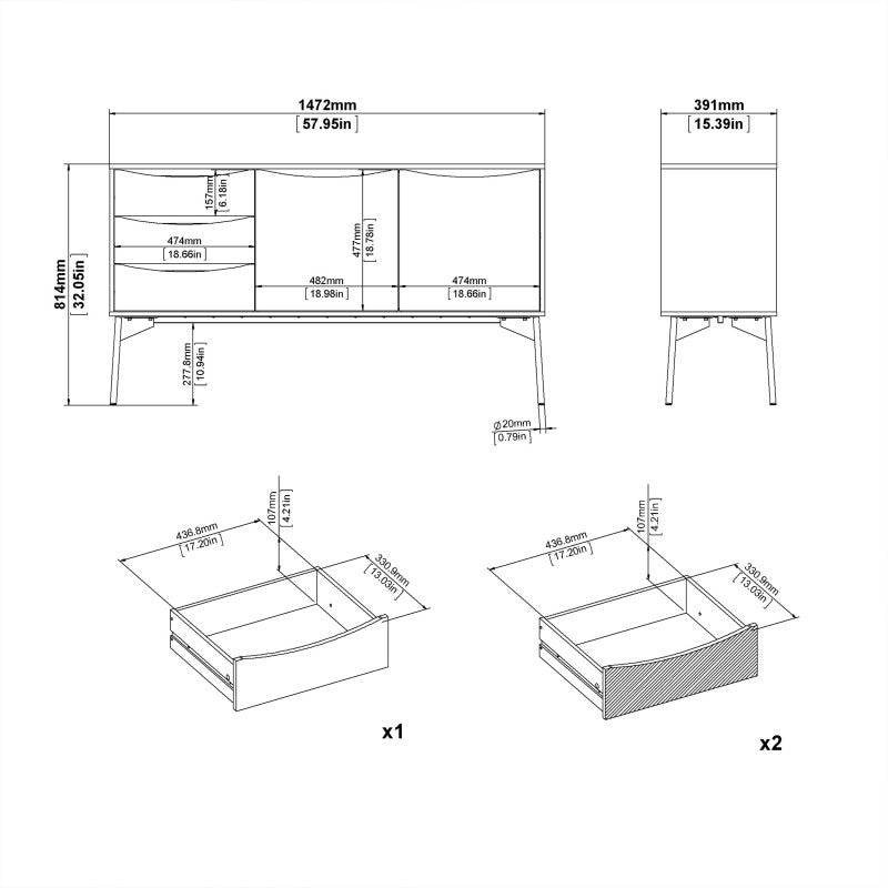 Fur Sideboard 2 Doors + 3 Drawers in Grey, White and Walnut - Price Crash Furniture