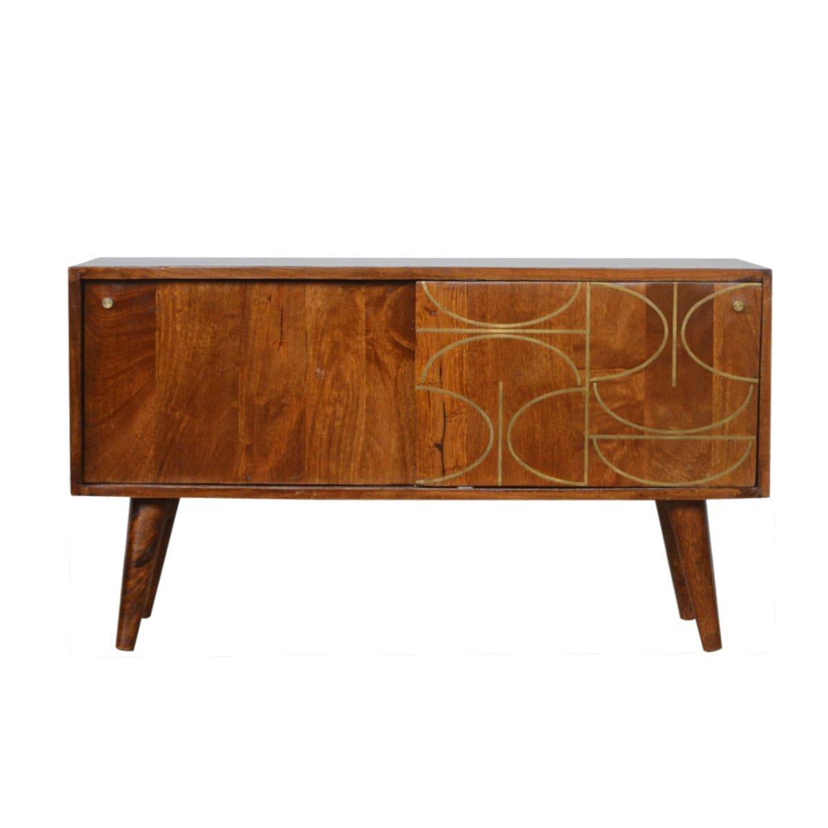 Gold Inlay Abstract Low Sideboard in Chestnut-effect Solid Mango Wood - Price Crash Furniture