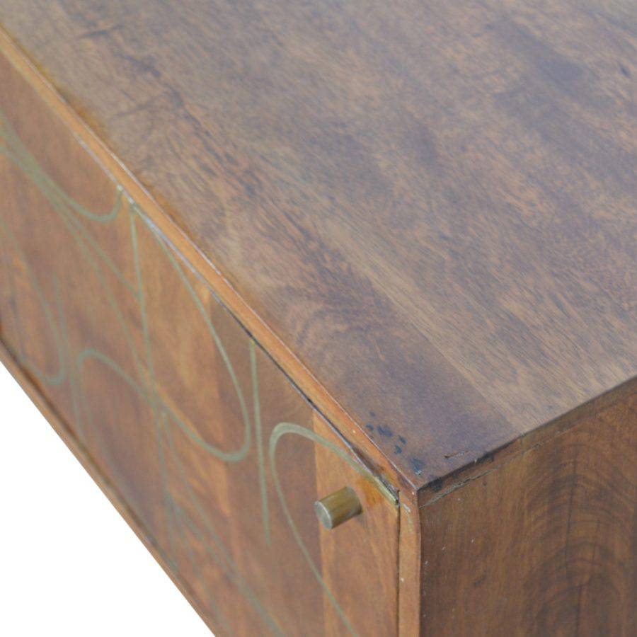 Gold Inlay Abstract Low Sideboard in Chestnut-effect Solid Mango Wood - Price Crash Furniture