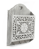 Grey Wooden 3 Hook Key Holder With Cutout Pattern Shelf - Price Crash Furniture