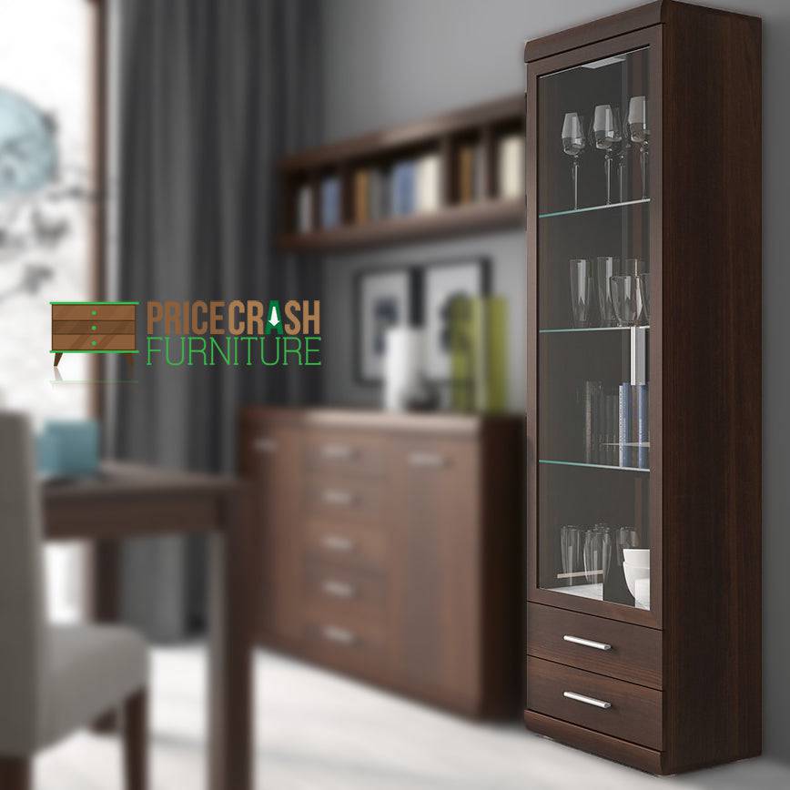 Imperial Tall Glazed 1 Door 2 Drawer Narrow Cabinet in Dark Mahogany Melamine - Price Crash Furniture