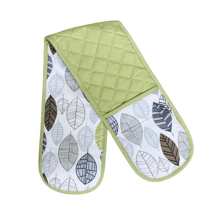 Kitchen Double Oven Glove With Contemporary Green Leaf Print Design - Price Crash Furniture