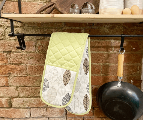 Kitchen Double Oven Glove With Contemporary Green Leaf Print Design - Price Crash Furniture