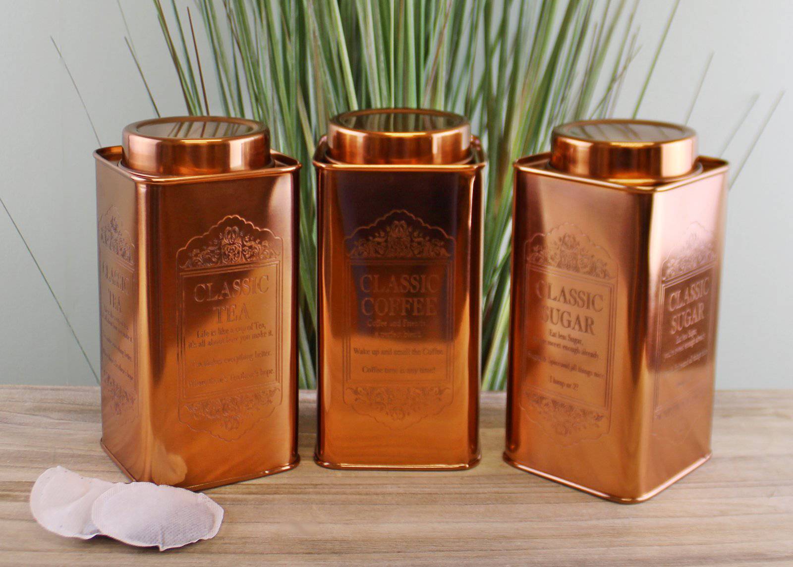 Large Metal Copper Coloured Tea, Coffee & Sugar Storage Tins - Price Crash Furniture