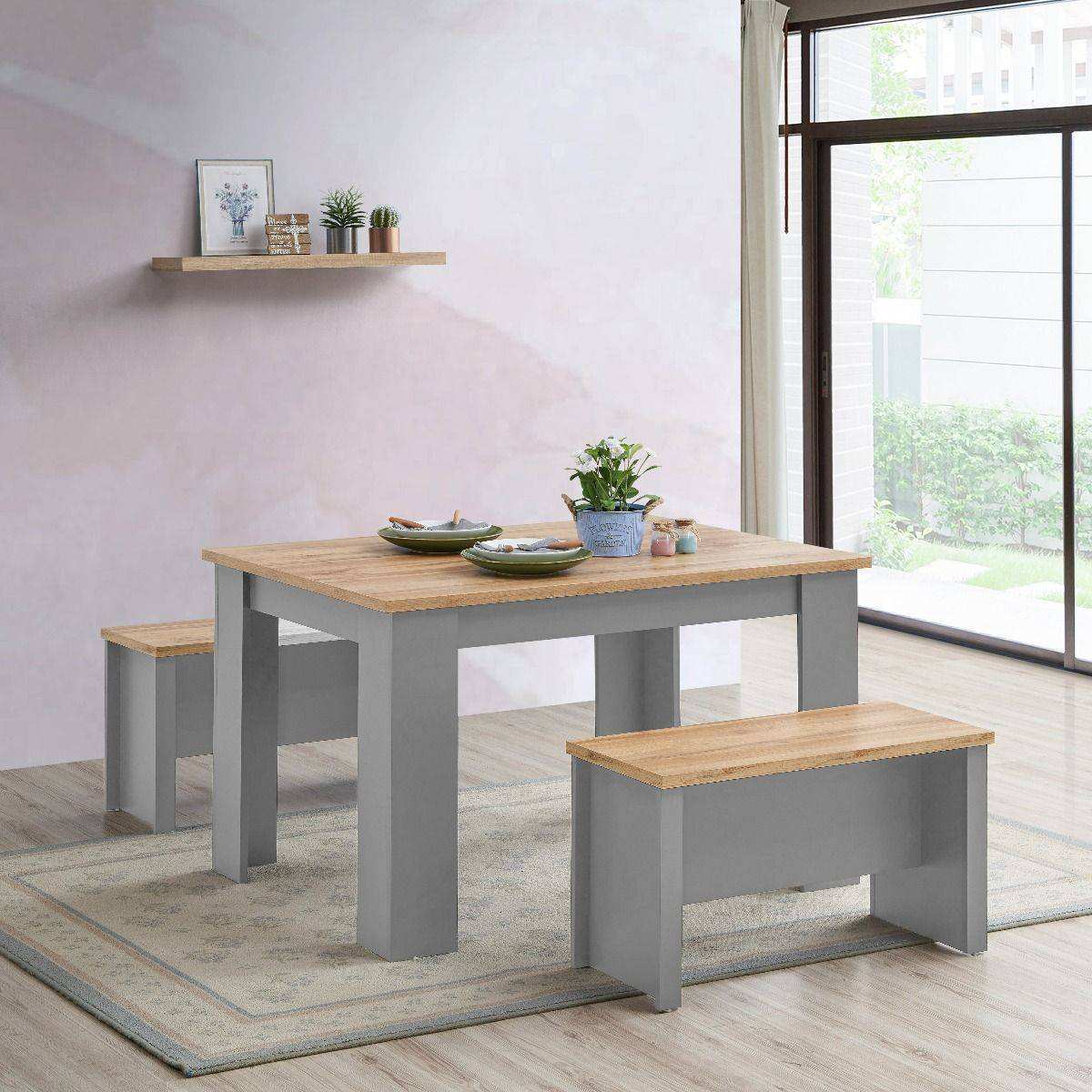 Lisbon 3 piece grey dining set: 120cm table, 2 benches - Price Crash Furniture